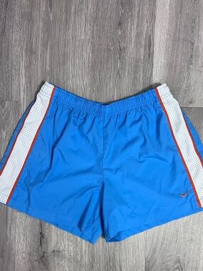 Nike Bright Blue Running Shorts with White Drawstring and Orange Trim